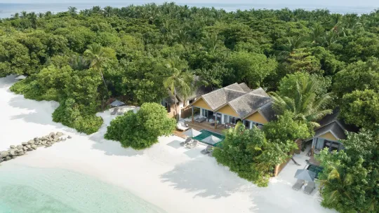 Top-down aerial view of four Bedroom Beach Pool Residence at Vakkaru Maldives.