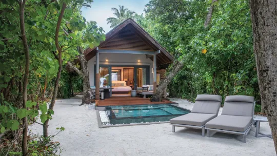 Beach villa with plunge pool at Vakkaru Maldives and direct beach access.