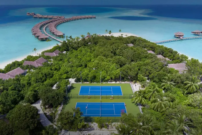 Aerial view of tennis courts at Vakkaru Maldives resort in Baa Atoll.