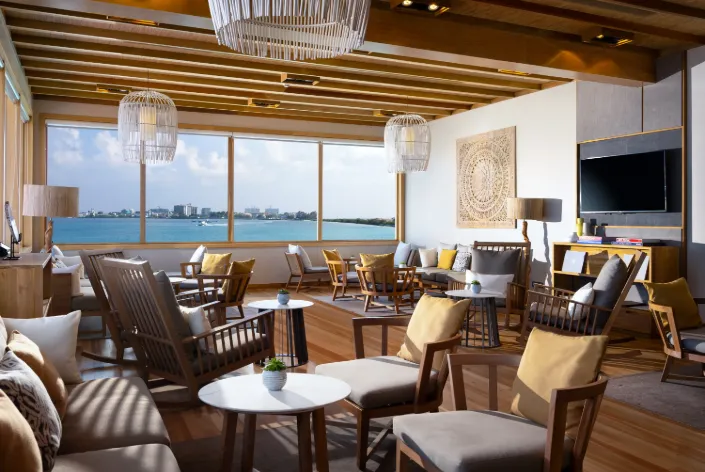 Seaplane lounge at Vakkaru Maldives with ocean views.