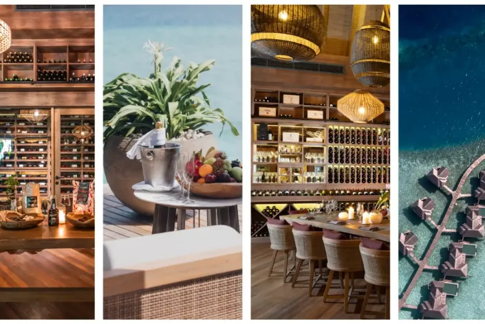Luxury resort lifestyle with wine, champagne, and tropical villas.