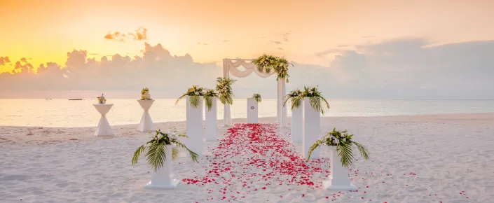 Petal aisle wedding arch at Vakkaru Maldives facing the ocean.